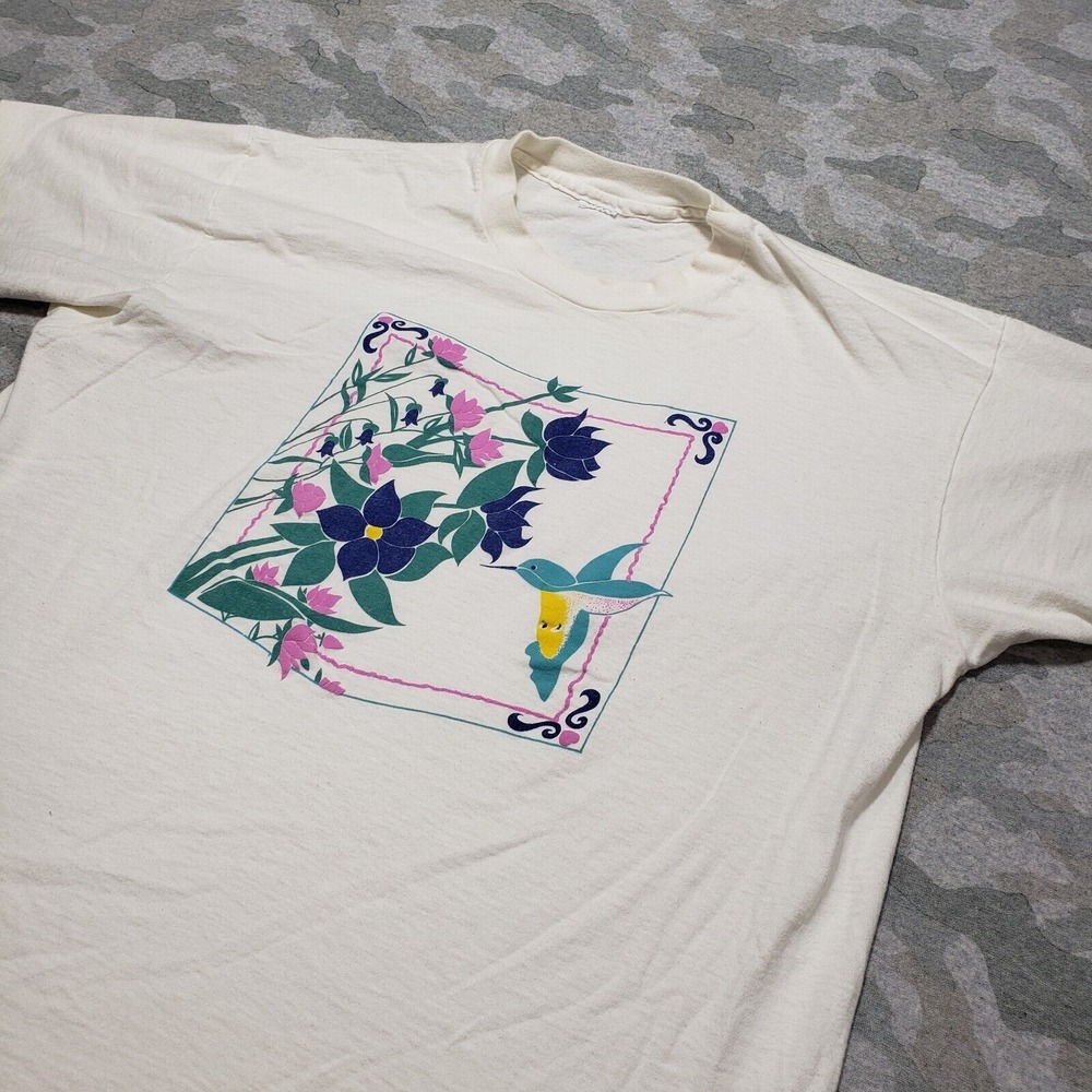 Vintage Hummingbird Shirt Adult XL White Single Stitch Short Sleeve Floral